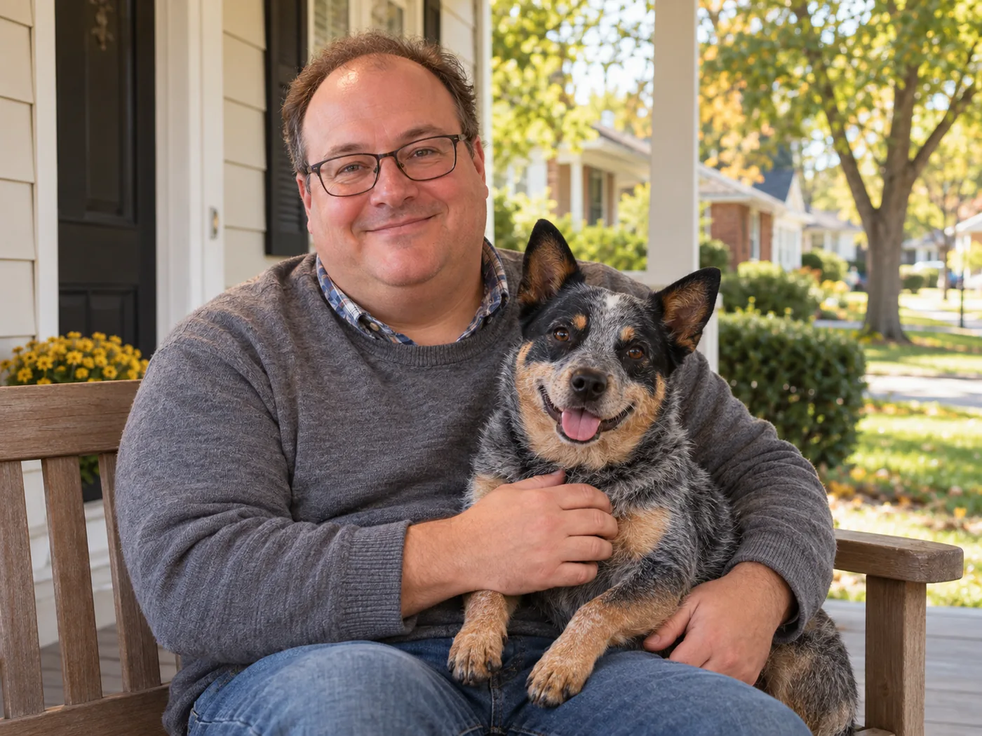 AI illustration of Randy on his front porch with his dog