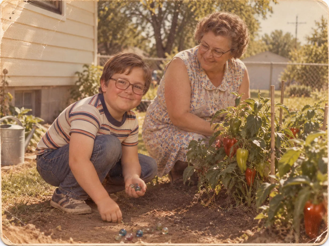AI illustration: My grandmother and me by the pepper garden. I believe this was around 1976 or 1977.