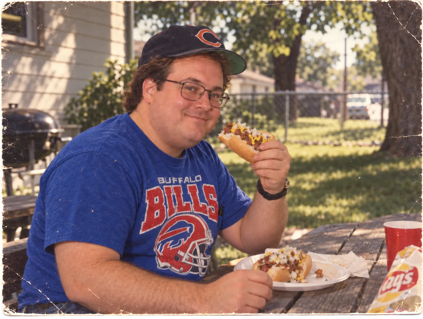 AI illustration: Eating hot dogs in the backyard sometime in the 1990s.