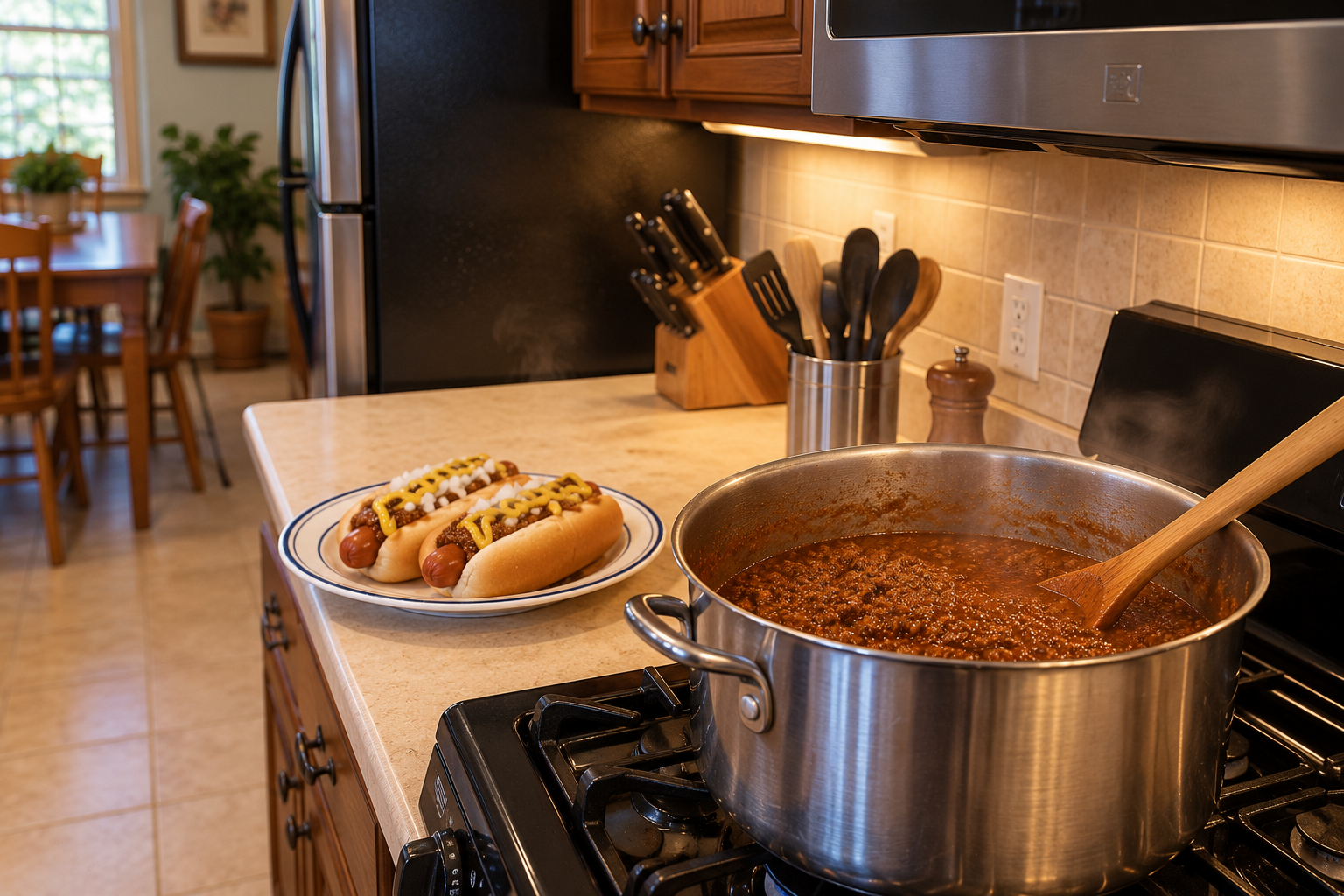 Rochester meat hot sauce simmering in a pot with prepared hot dogs nearby