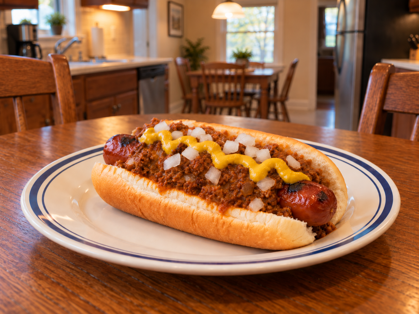 Hot dog topped with Rochester meat hot sauce, mustard and onions