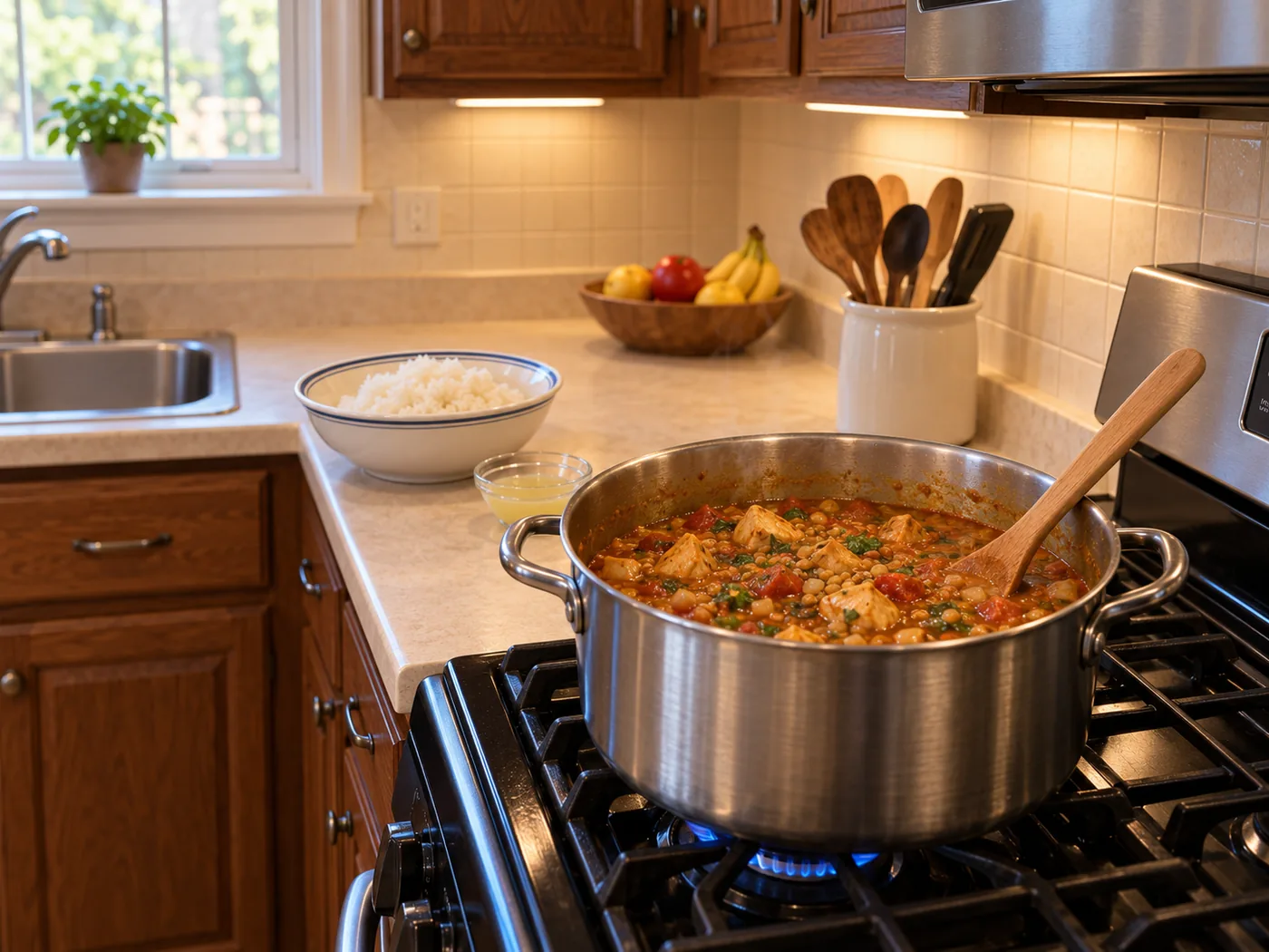 Spicy Chicken Lentil Curry Stew with Rice cooking