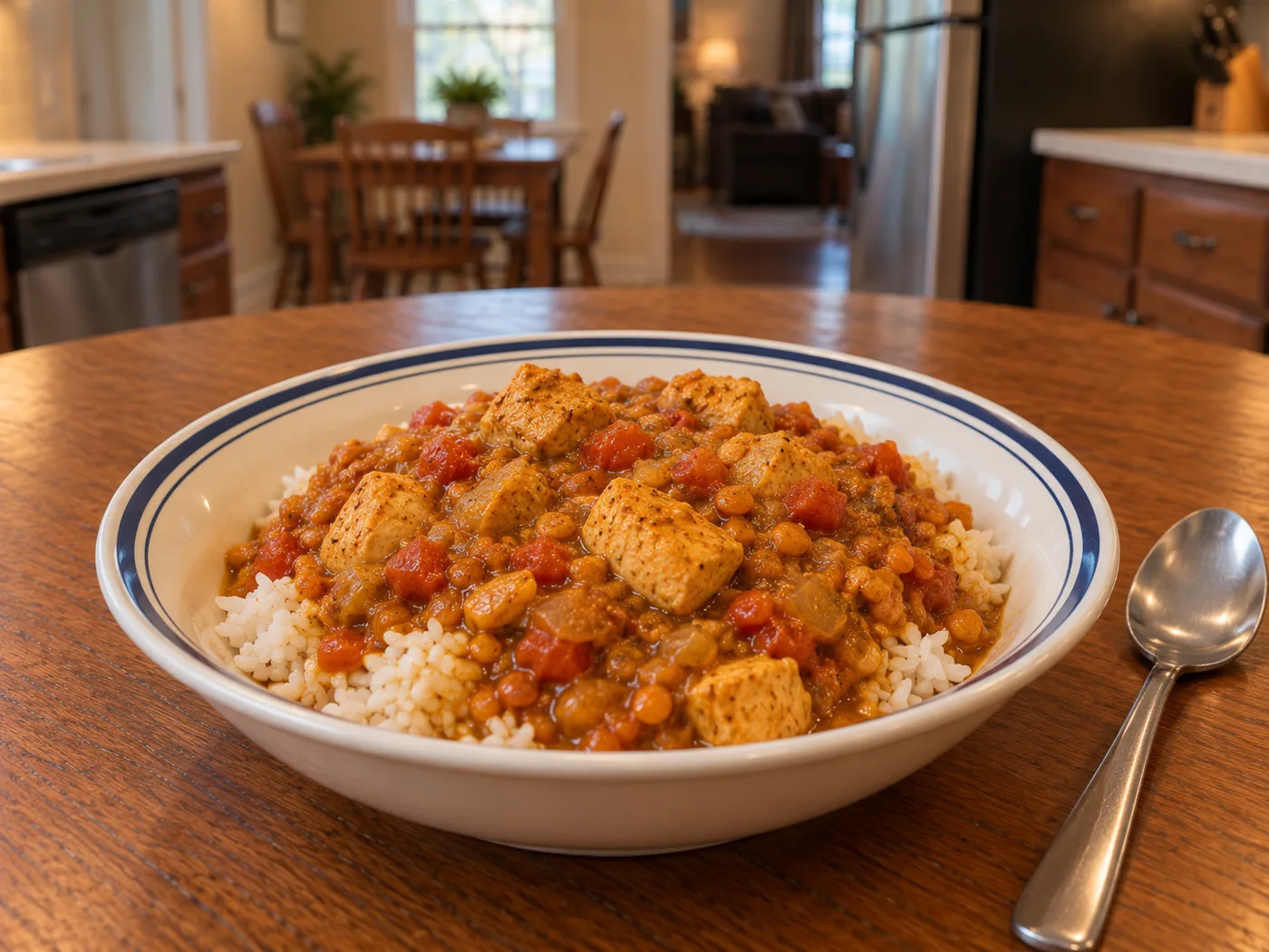 Spicy Chicken Lentil Curry Stew with Rice