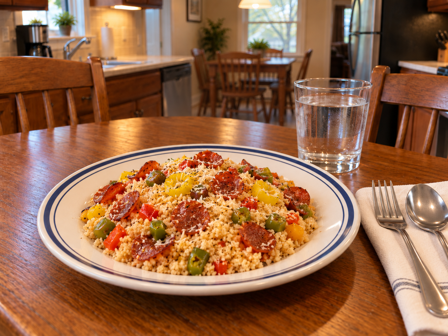 Summer Pepperoni Couscous in Randy's blue-rimmed serving bowl